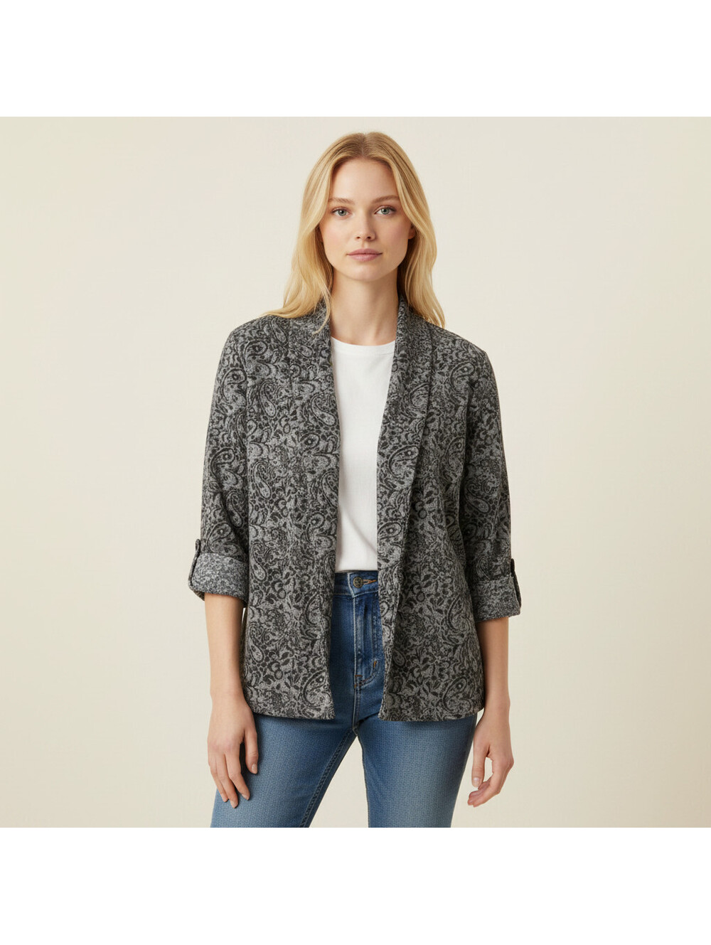 Dressbarn Blazer Women L Large Gray Paisley Collared Open Front 3/4 Sleeve Rayon